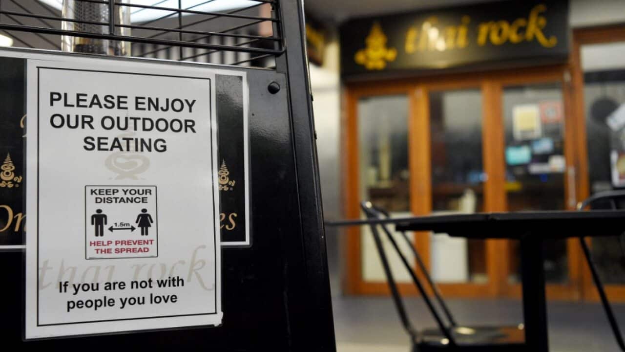 Social distancing signage is seen at the Thai Rock restaurant at Stockland Wetherill Park Shopping Centre in Sydney, Thursday, July 23, 2020