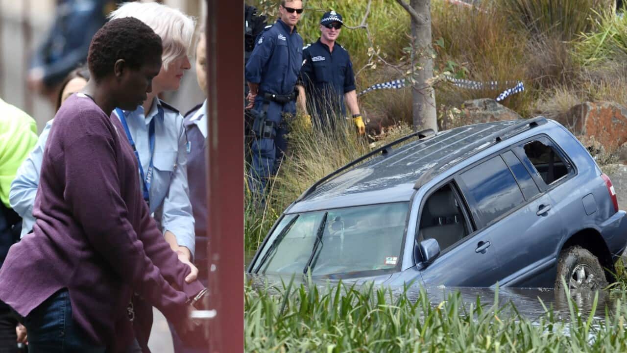 Combo image: Akon Goude being led away by guards, and a 4WD being removed from Lake Gladman in Melbourne.