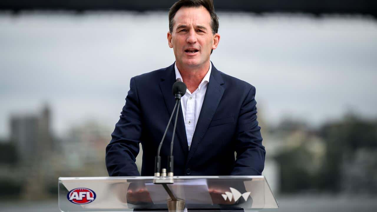 AFL CEO Andrew Dillon speaks to attendees during the 2025 AFL Opening Round media call in Sydney, Monday, March 3, 2025. (AAP Image/Bianca De Marchi) NO ARCHIVING