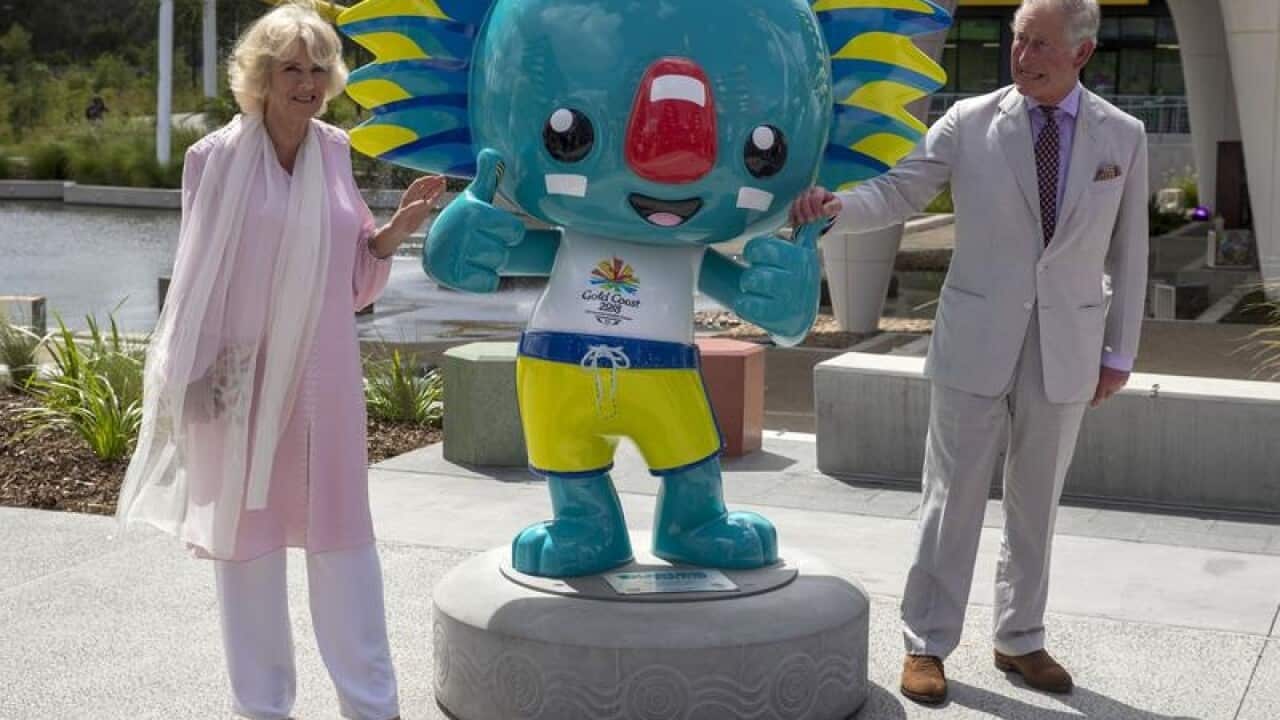 Camilla and Charles pose with Commonwealth Games mascot Borobi