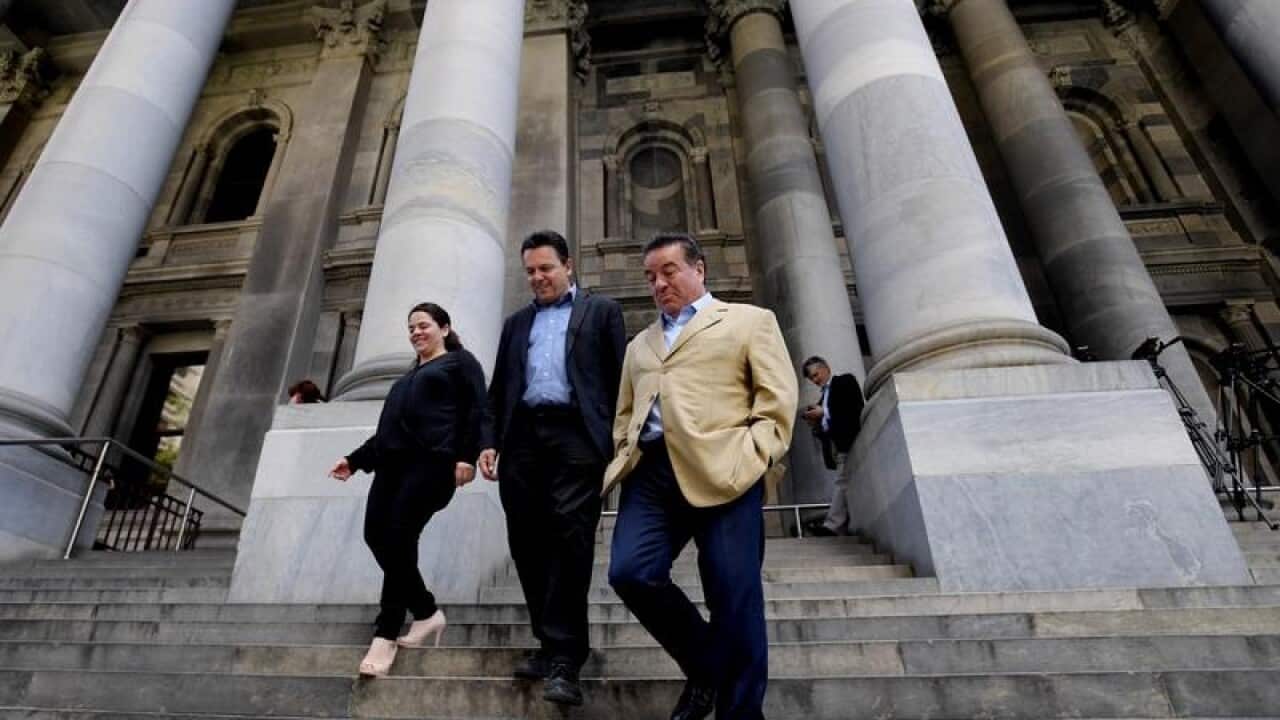 Connie Bonaros, Nick Xenophon and Frank Pangallo at the SA Parliament.
