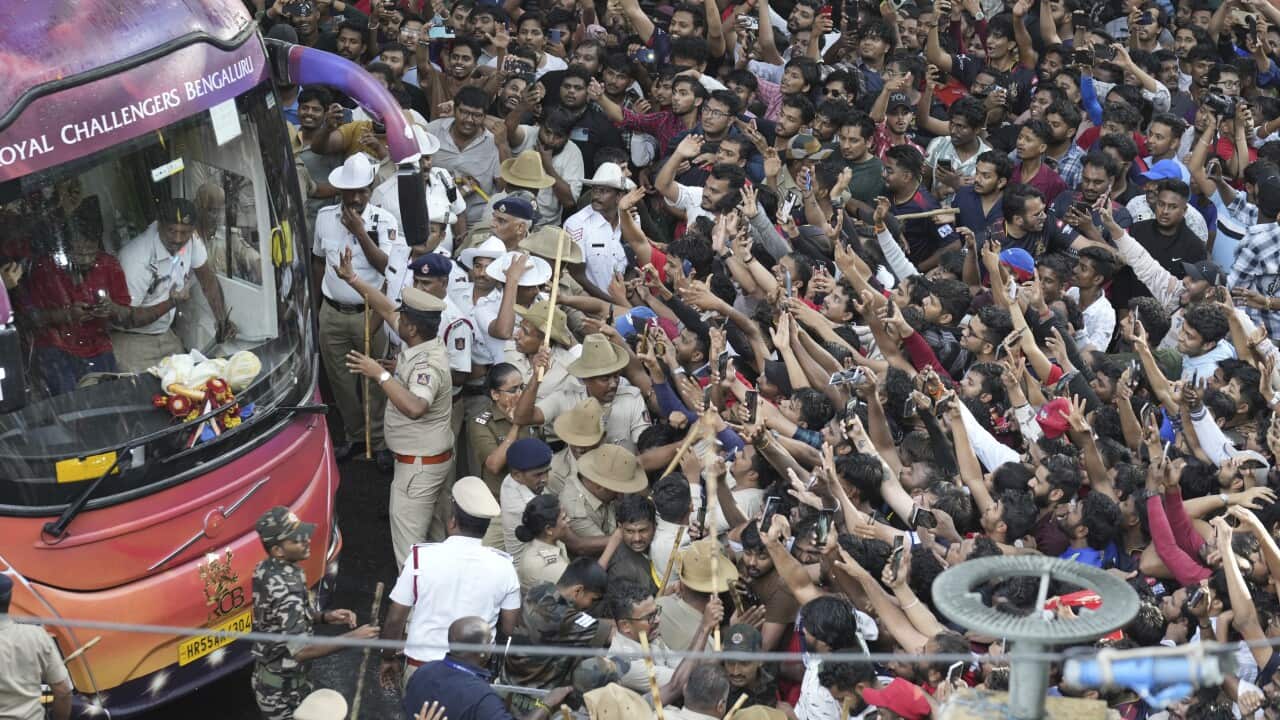 A large crowd of people cheering at a bus.