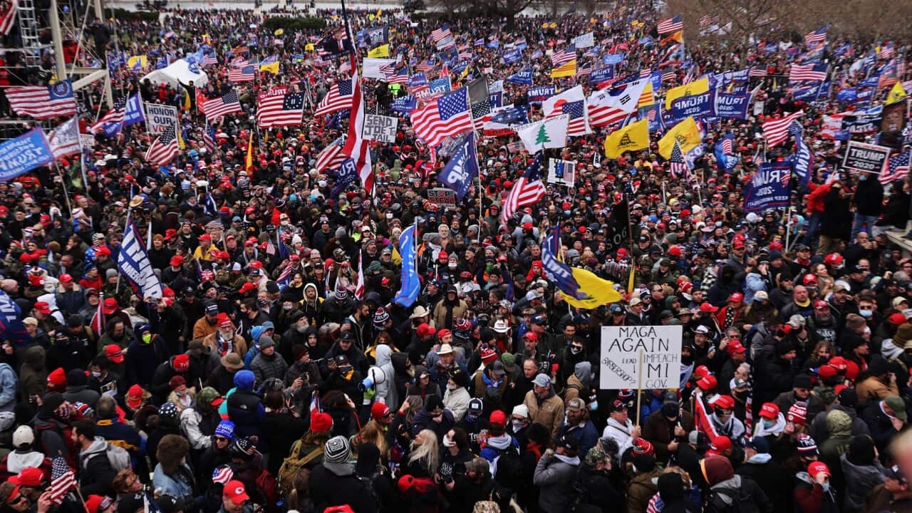 Thousands of Donald Trump supporters gather outside the U.S. Capitol building following a Stop the Steal rally on January 06, 2021