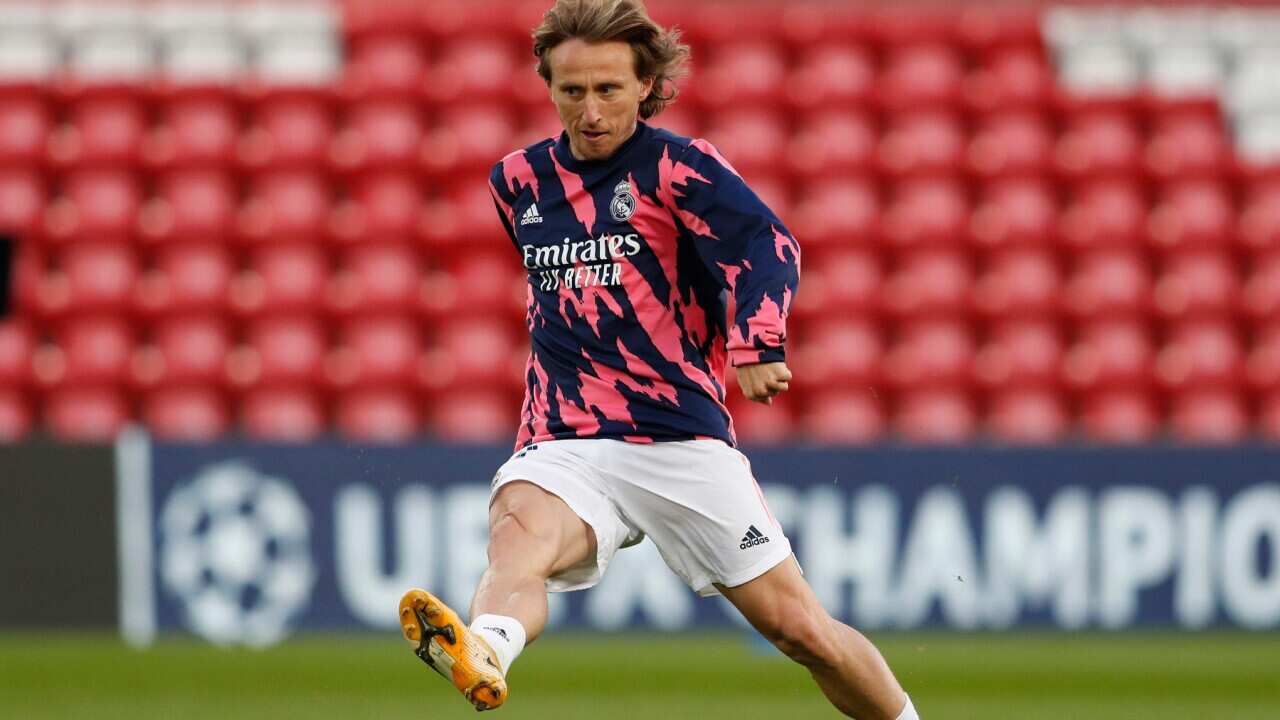 Liverpool, England, 14th April 2021. Luka Modric of Real Madrid warms up during the UEFA Champions League match at Anfield, Liverpool.