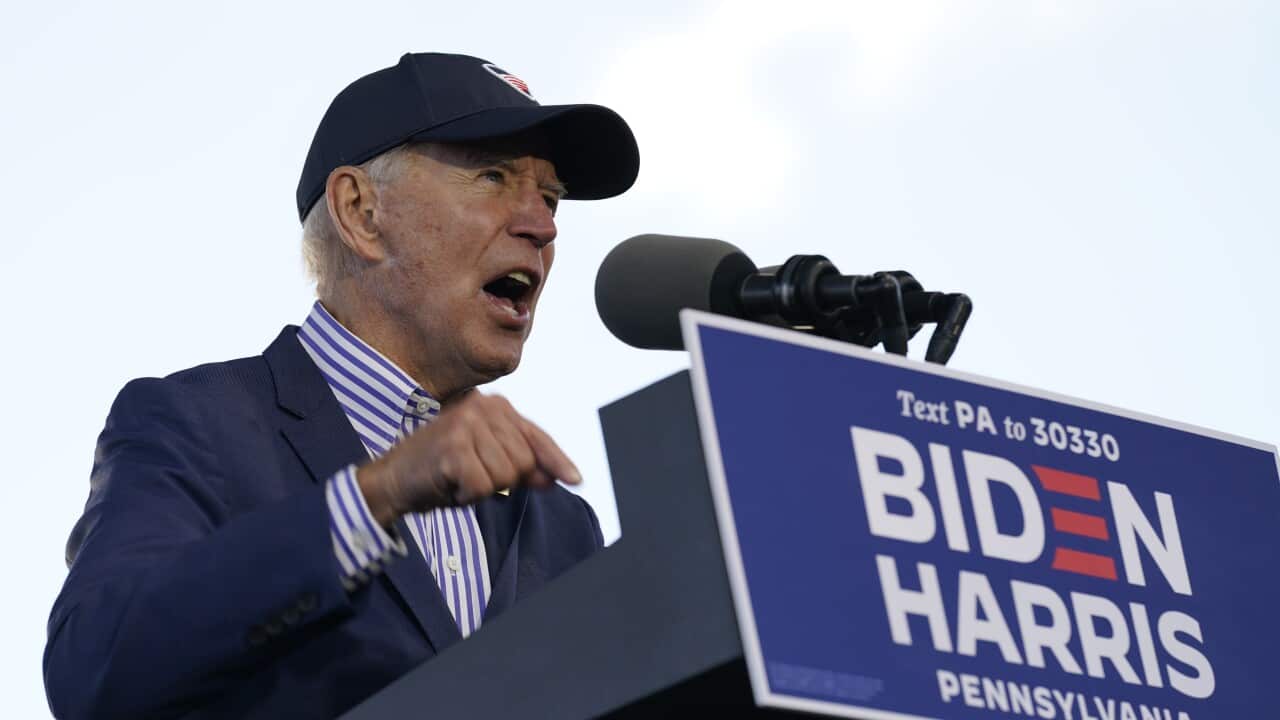Democratic presidential candidate former Vice President Joe Biden speaks at a campaign event at Dallas High School, Pennsylvania, Saturday, 24 October, 2020.