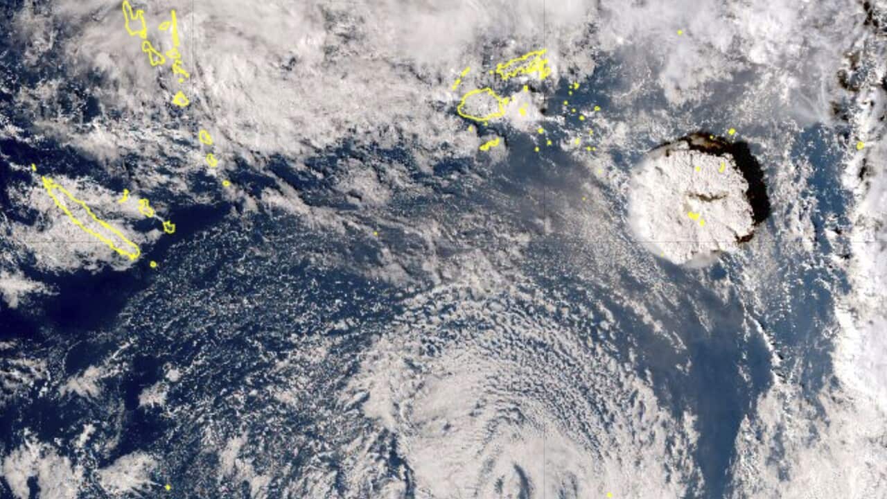 This satellite image shows an undersea volcano eruption at the Pacific nation of Tonga, 15 January, 2022.