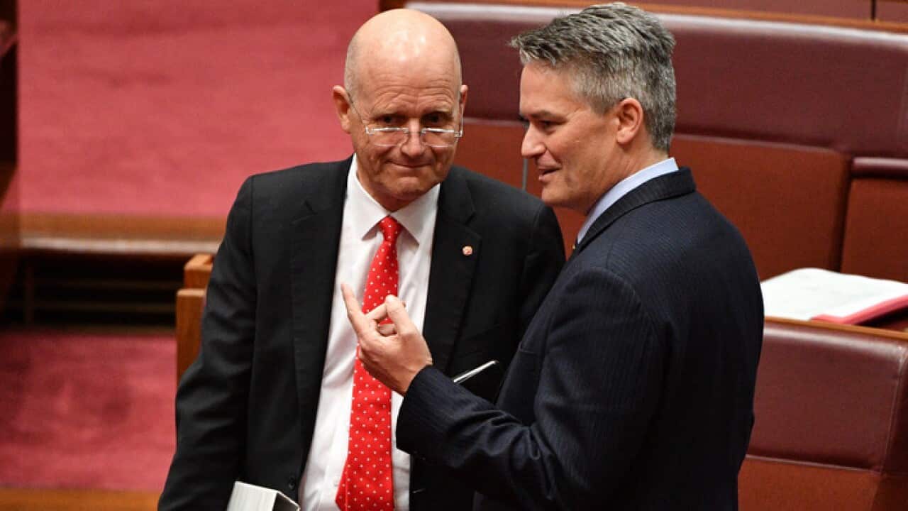 Liberal Democratic Party Senator David Leyonhjelm and Minister for Finance Mathias Cormann in the Senate chamber at Parliament House in Canberra, Thursday, June 28, 2018. (AAP Image/Mick Tsikas) NO ARCHIVING