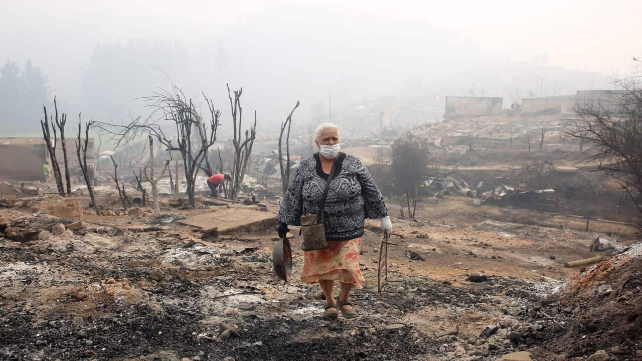 A woman walks over the remains of her house that was devastated by a forest fire in Chile.