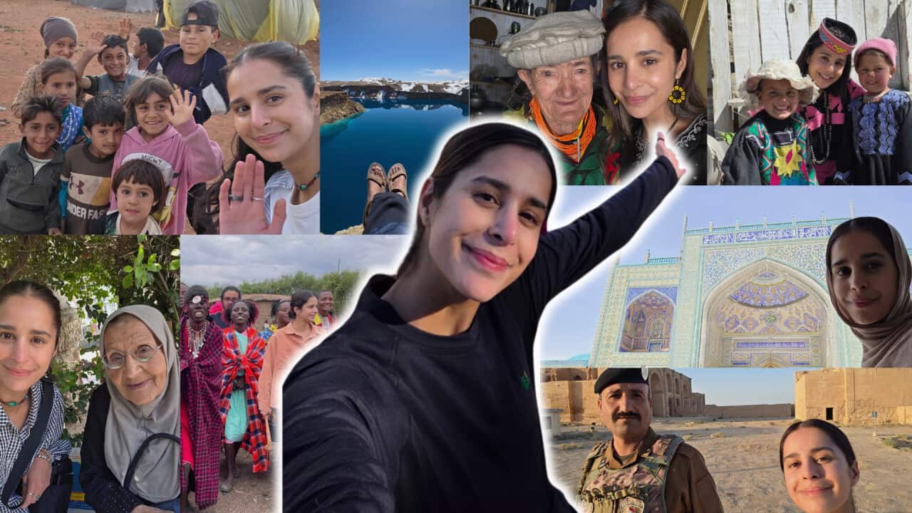 A collage of images by solo traveller Sanpreet Sunner (@santibanti) who has solo travelled to afghanistan, pakistani, iraq, saudia arabia and more.