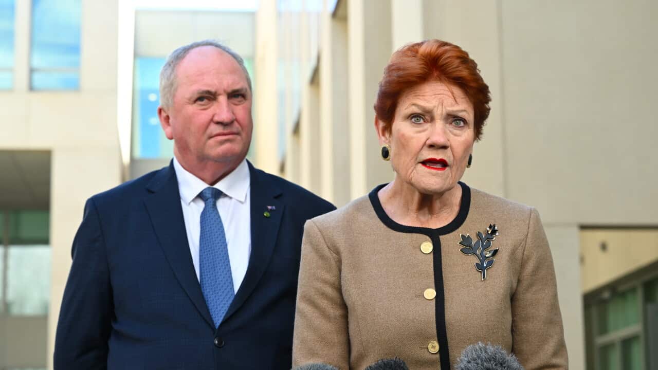 One Nation leader Pauline Hanson and One Nation member for New England Barnaby Joyce address the media – AAP.