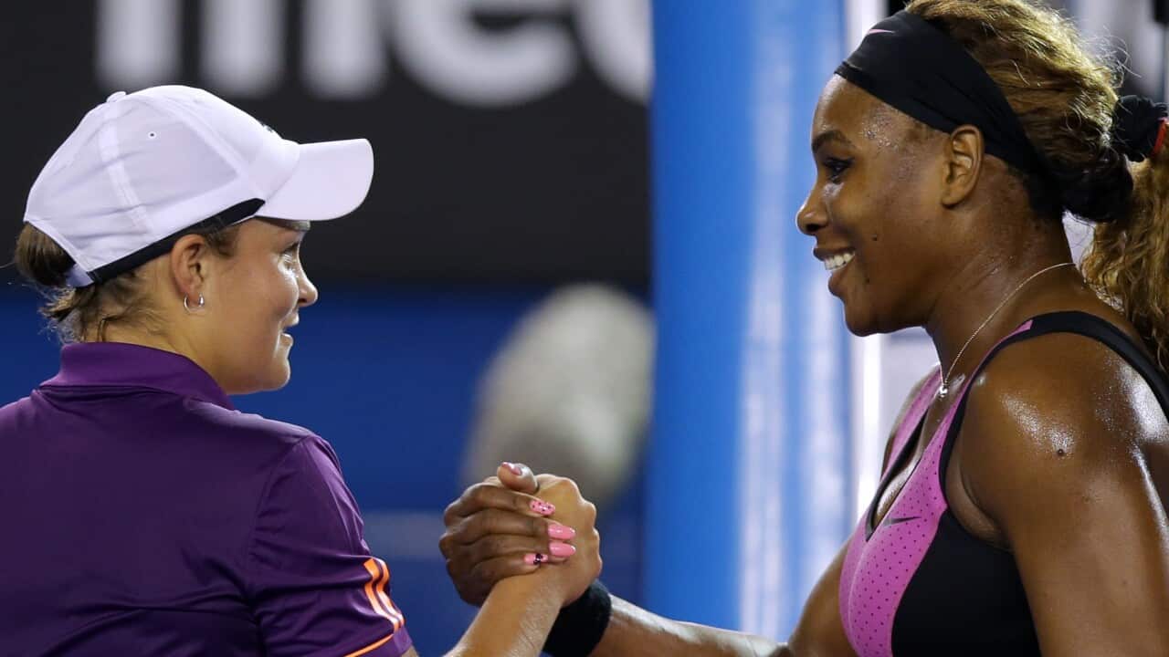 Serena Williams, right, of the United States is congratulated by Ashleigh Barty of Australia after their first round match at the Australian Open tennis championship in Melbourne, Australia, Monday, Jan. 13, 2014.(AP Photo/Aaron Favila)