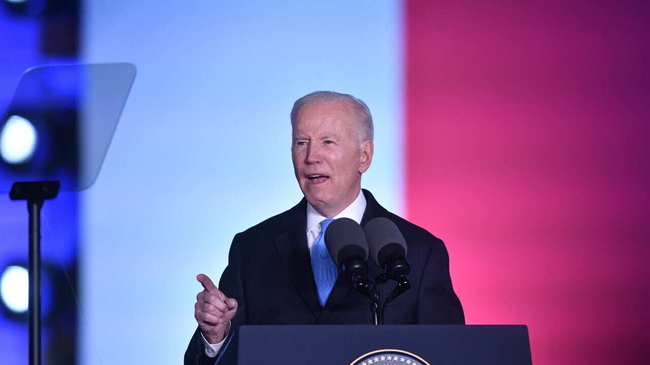 epa09851519 US president Joe Biden delivers a speech at the Royal Castle in Warsaw, Poland, 26 March 2022. Poland is the second stop during Biden's European visit. On 23 March the US president flew to Brussels, where on 24 March he participated in an extr
