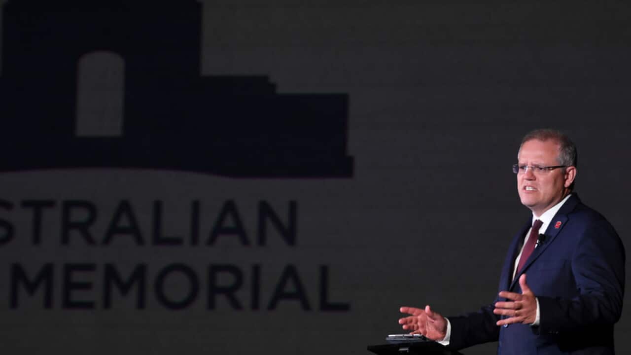 Australian Prime Minister Scott Morrison speaks during an event organised by the Australian War Memorial at Parliament House in Canberra.