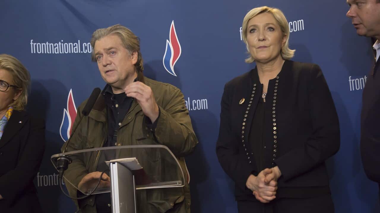 France's far-right party Front National (FN) president Marine Le Pen and former US President advisor Steve Bannon.