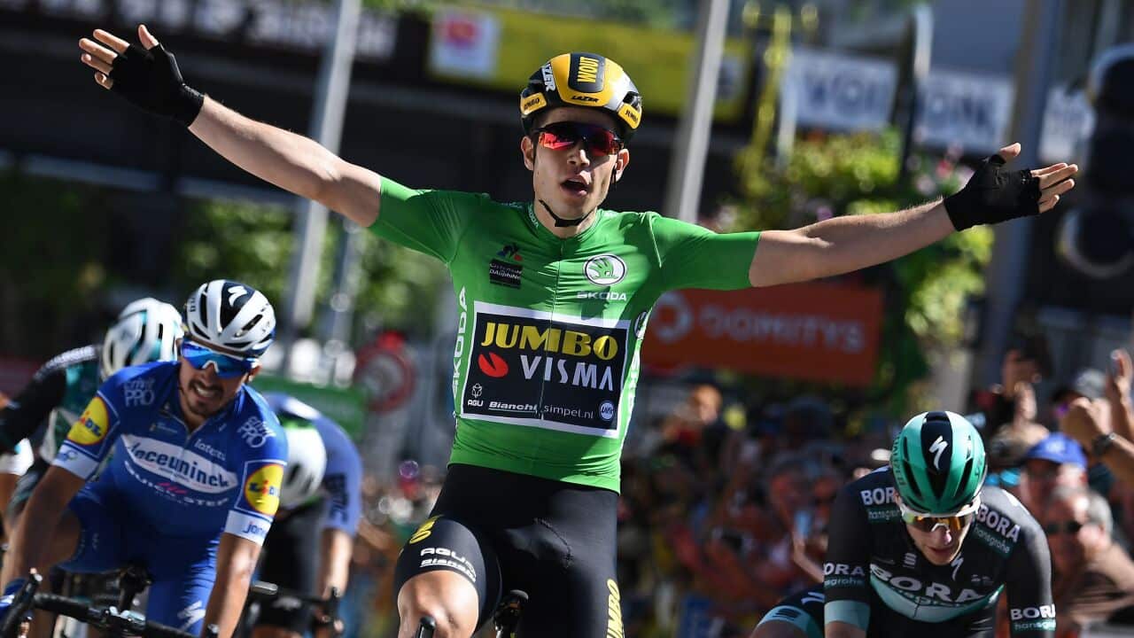 Wout van Aert pulls off a rare stage victory following his ITT on the previous stage at the 2019 Criterium du Dauphine (Getty)