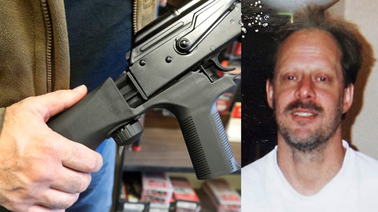 Combination image: A bump stock device that fits on a semi-automatic rifle to increase the firing speed (L), and Vegas gunman Stephen Paddock