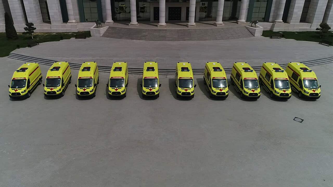 Russian intensive care ambulances fitted with ventilators in the city of Grozny.