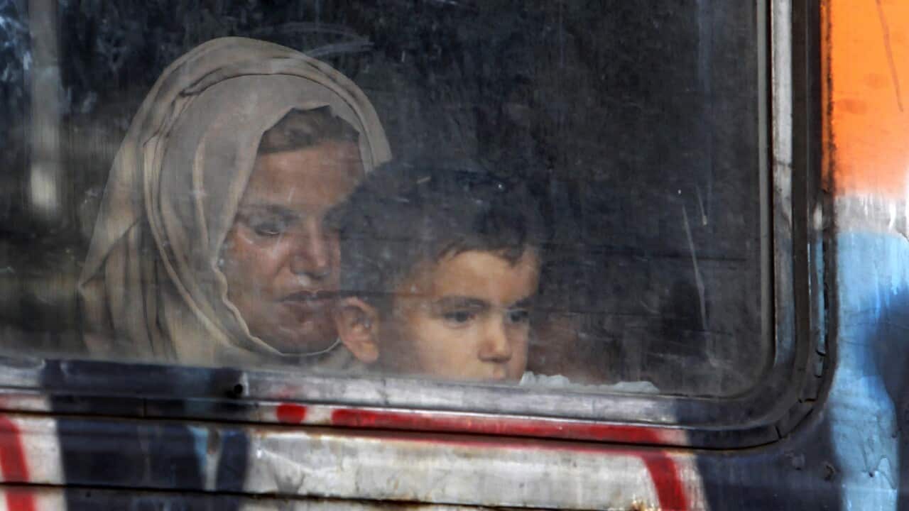 A woman migrant with a child look from a window onboard a train towards Serbia, at the new transit center for migrants on the border with Greece, near southern Macedonian town of Gevgelija, on Monday, Aug. 24, 2015 (AP Photo/Boris Grdanoski)