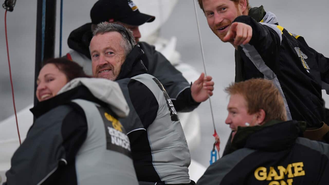 Prince Harry during a sailing demonstration on Sydney Harbour