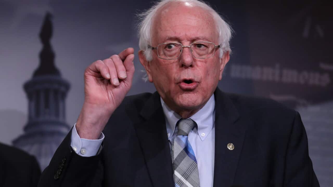 Senator Bernie Sanders speaks during a press conference at the U.S. Capitol