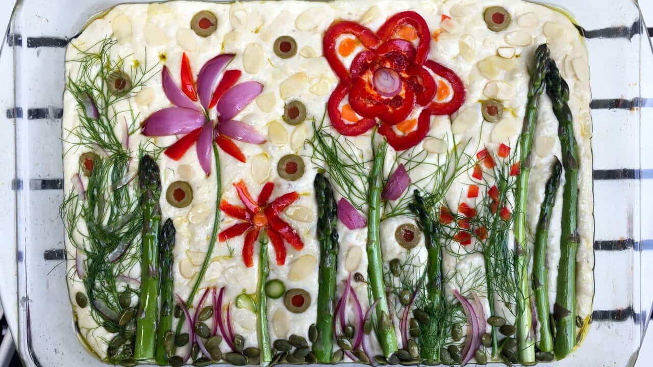 Focaccia with vegetable flowers