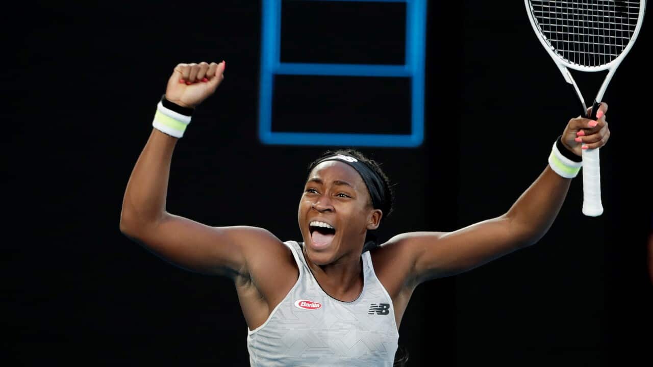 Coco Gauff of USA celebrates winning her women's singles third round match against Naomi Osaka of Japan.