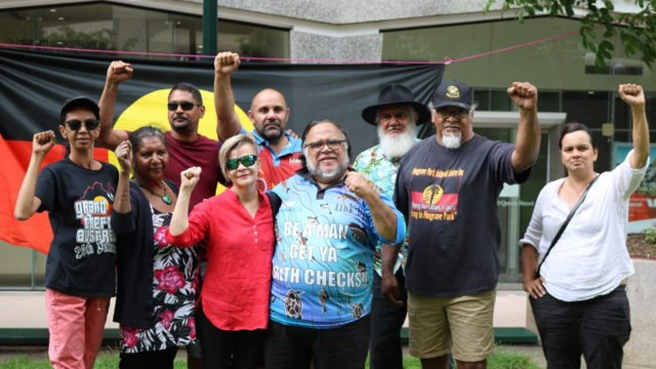 Wanjaiburrah Elder and political activist Sam Watson and members of the Murri community attending the 2018 memorial for Dundali and First Nations warriors.