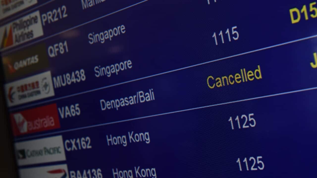 A cancelled Virgin Australia flight at Sydney Airport