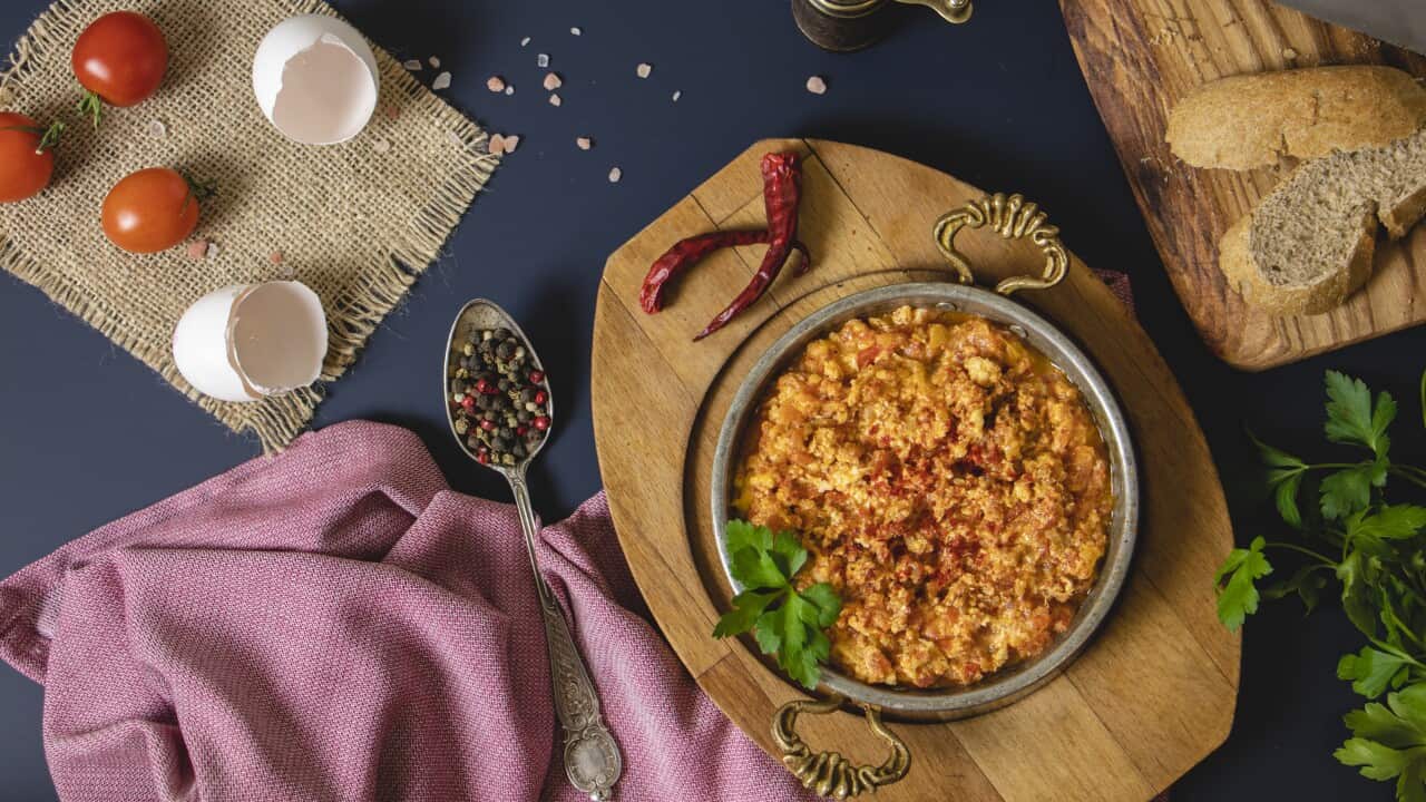 Turkish Breakfast, Sunday big breakfast or brunch with feta cheese and eggs, Turkish breakfast served in restaurant, menemen for breakfast