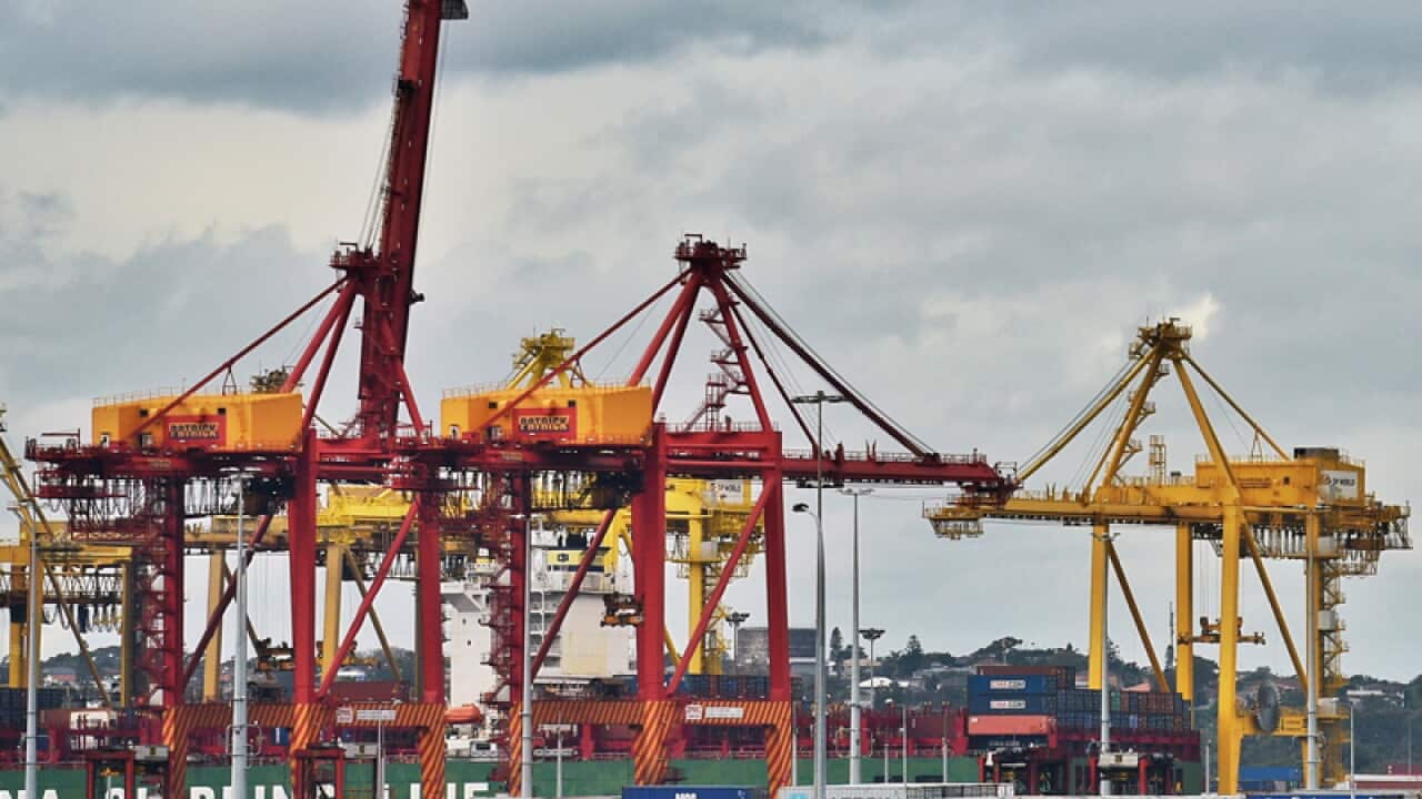 Shore to ship cranes are seen at the Port Botany container terminal