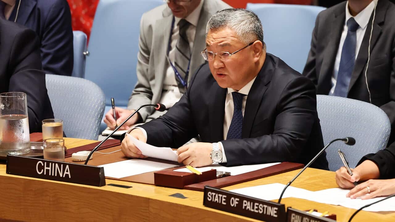 A man with short hair and wearing a suit speaks into a microphone at the United Nations.