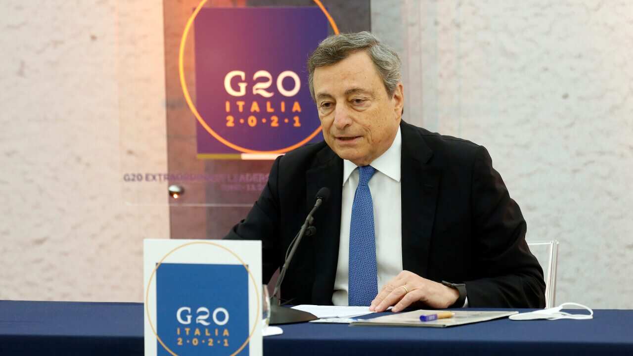 The Italian prime minister Mario Draghi attends a press conference after the G20 Extraordinary Leader's Meeting on Afghanistan, October 12th 2021.
