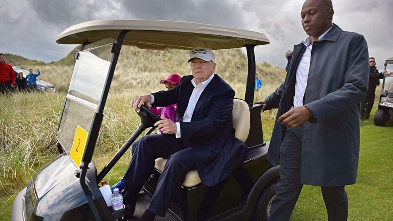 Donald Trump visits Trump International Golf Links on June 25, 2016 in Aberdeen, Scotland.