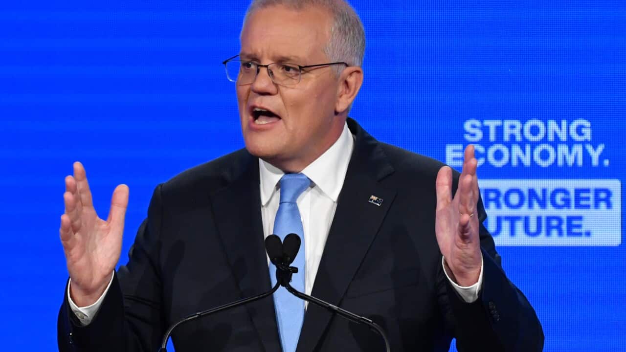 Prime Minister Scott Morrison at the Liberal Party campaign launch on Day 35 of the 2022 federal election campaign, at the Brisbane Convention Centre in Brisbane. Sunday, May 15, 2022. (AAP Image/Mick Tsikas) NO ARCHIVING