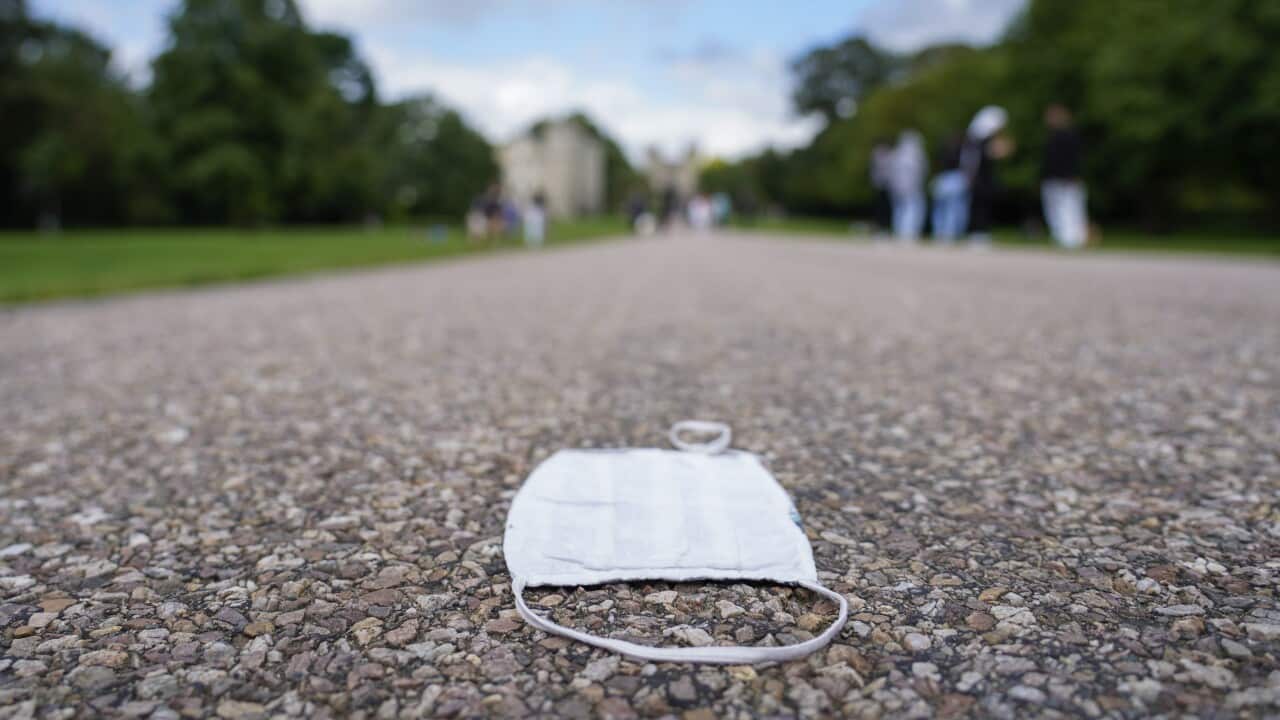A facemask lies on the ground on the Long Walk in Winsor near London.