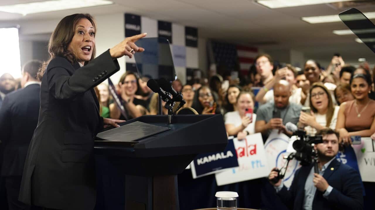 Vice President Kamala Harris speaks at her campaign headquarters (AAP)
