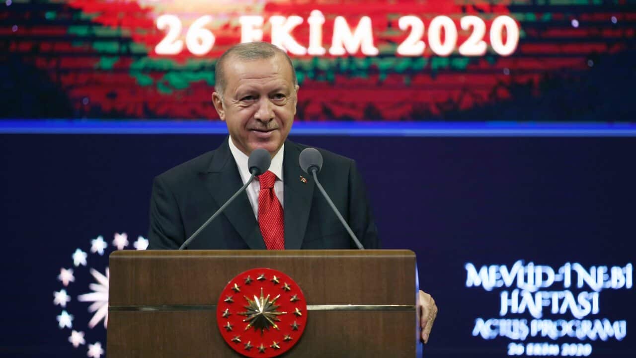 Turkey's President Recep Tayyip Erdogan delivers a speech in Ankara, Turkey, Monday, Oct. 26, 2020.