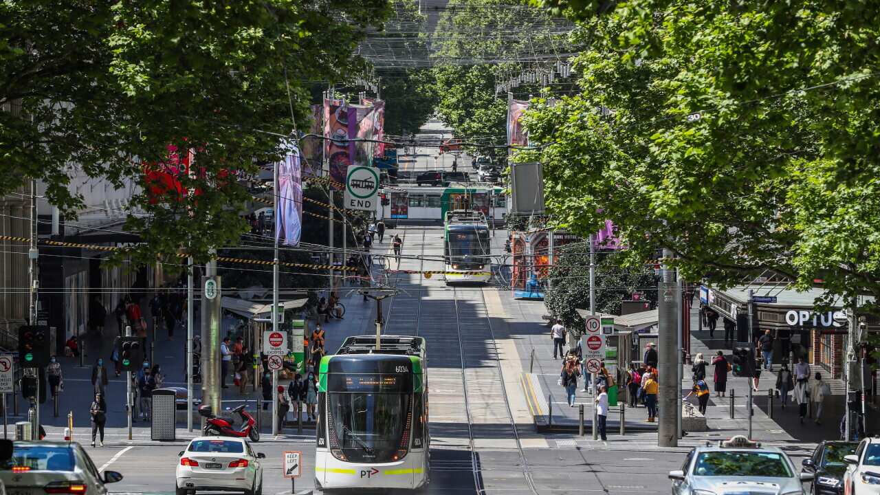 a general view of Bourke Street as shoppers return to the precinct in Melbourne, Australia, Wednesday, Oct. 28, 2020.