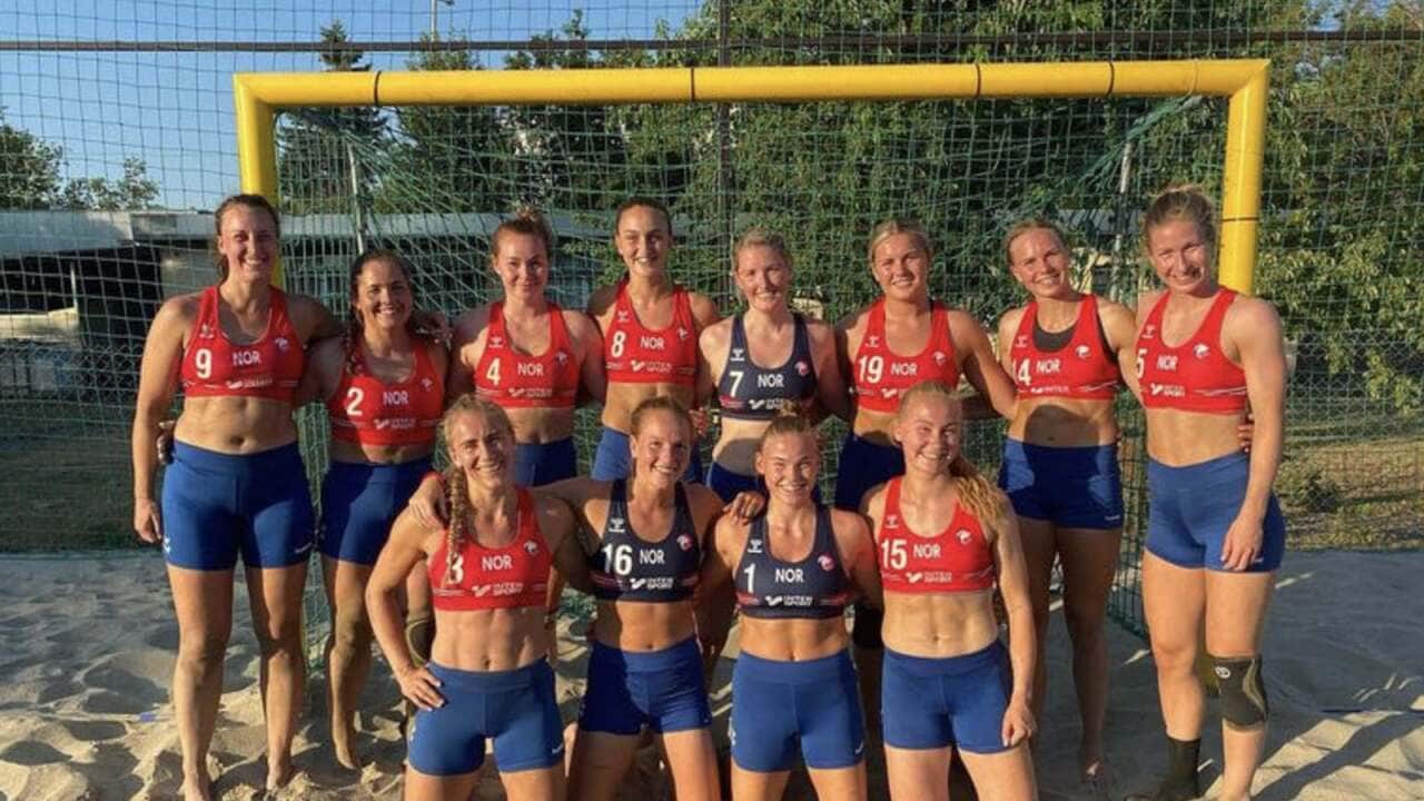 Norway's beach handball team pictured wearing shorts instead of bikini bottoms at a European championship match.