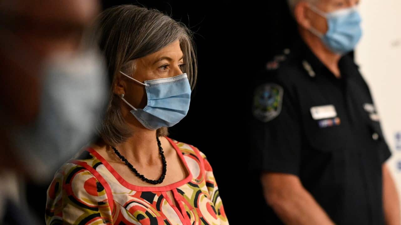 South Australian Chief public health officer Nicola Spurrier and South Australian Police Commissioner Grant Stevens are seen during a press conference in Adelaide