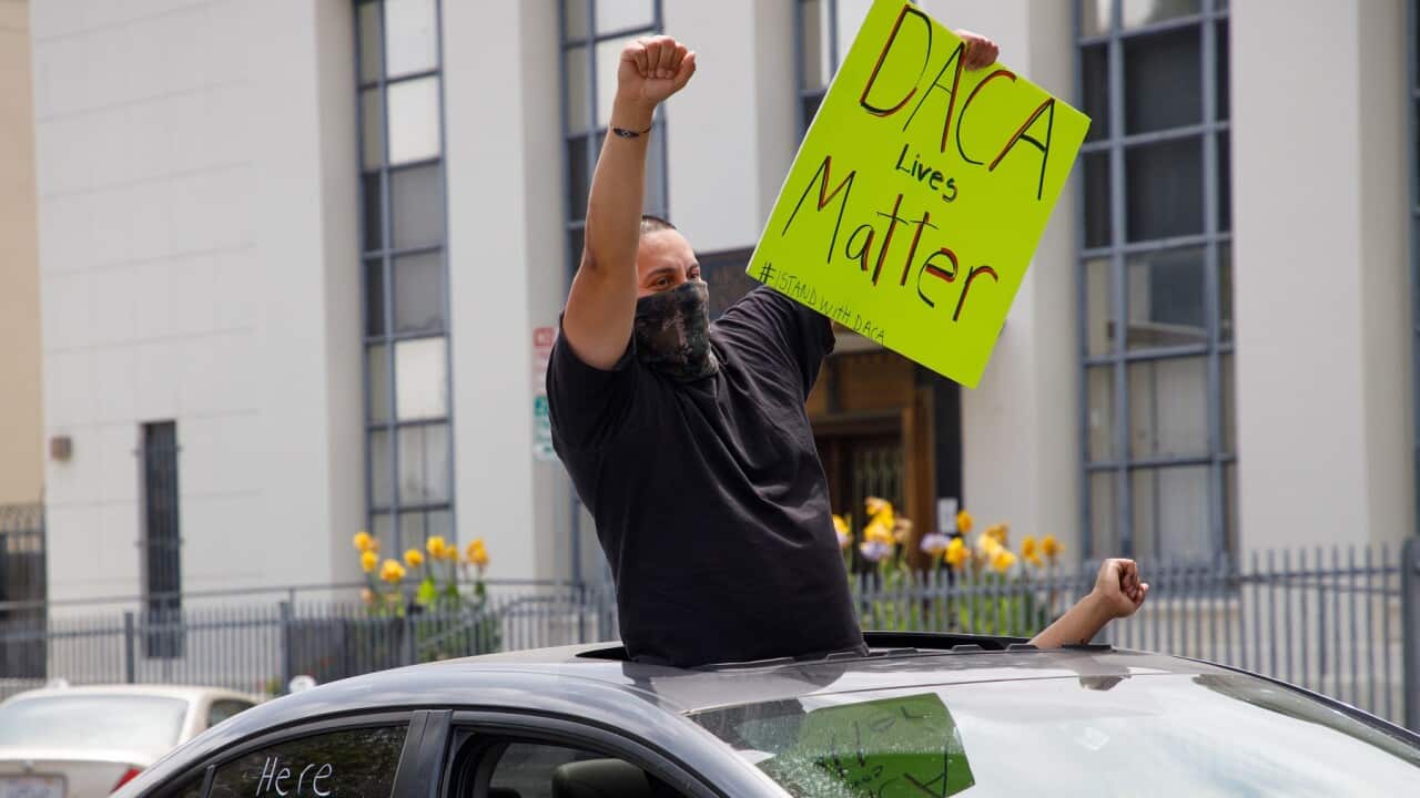 Immigration rights activists celebrate the US Supreme Court decision to reject efforts to dismantle the DACA 'Dreamers' program