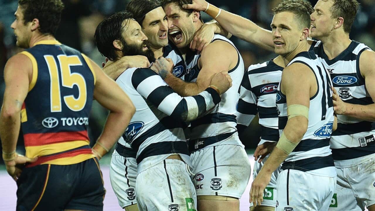 Geelong players celebrate after kicking a goal