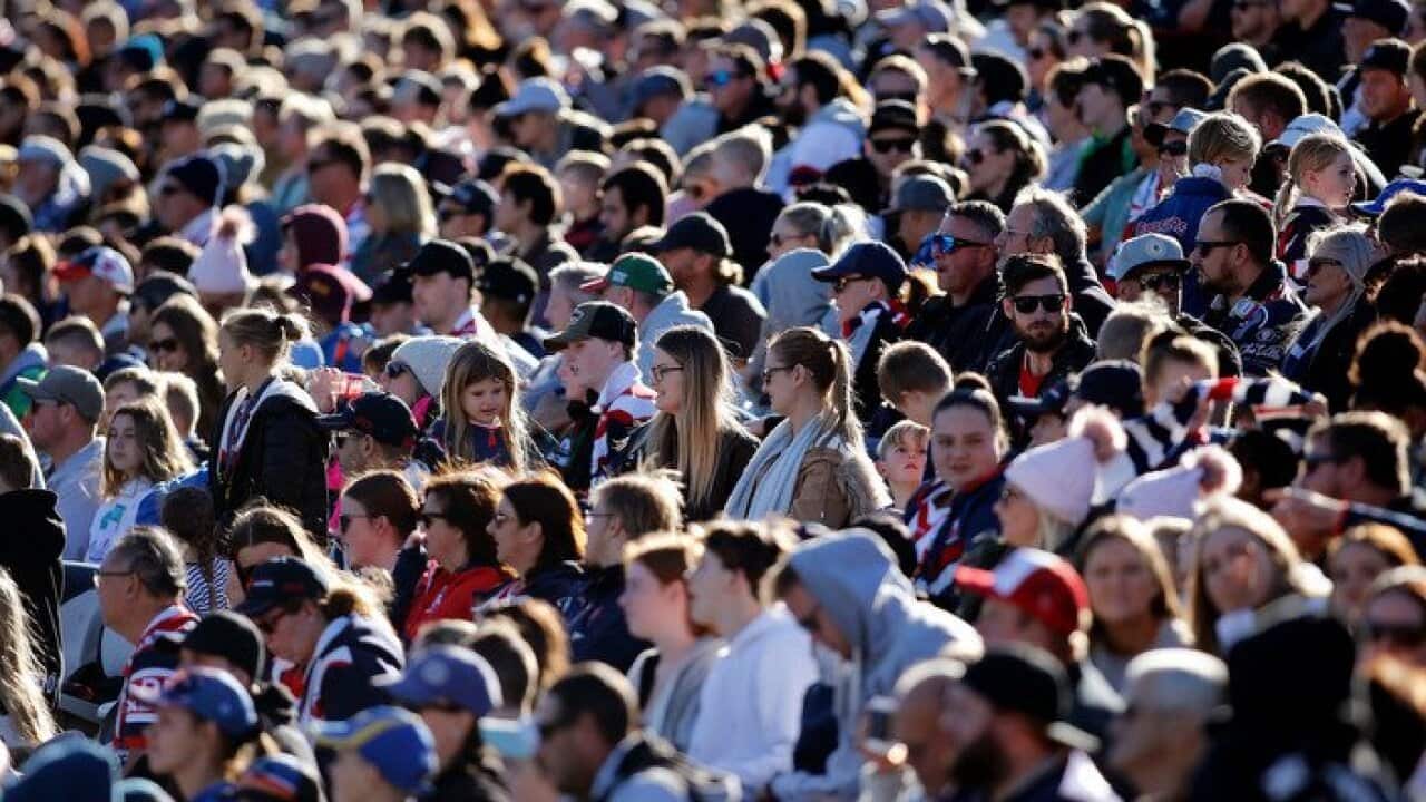 Part of the crowd watching the Round 17 NRL match between the Sydney Roosters and the North Queensland Cowboys at Central Coast Stadium in Gosford, Sunday, July 14, 2019.