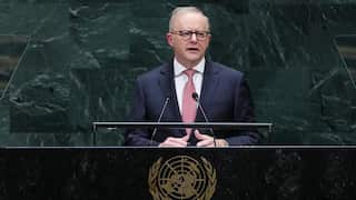 Anthony Albanese standing in front of a green marble wall