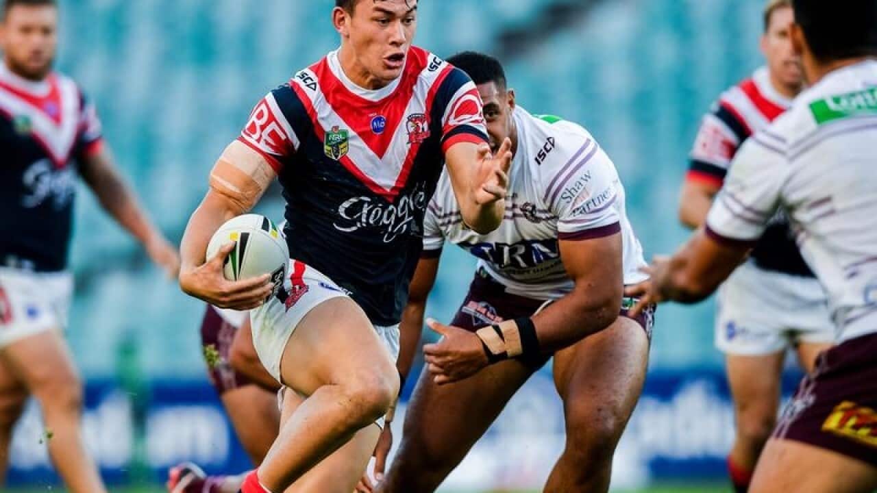 NRL player Joseph Manu of the Sydney Roosters in action against Manly.