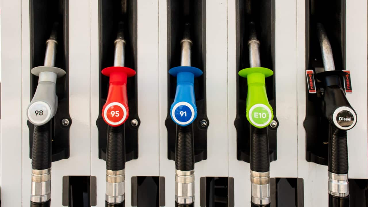 Petrol pumps hoses on a petrol station in Australia - 98, 95, E10, 91, diesel. Fuel nozzles oil dispensers. Petrol diesel prices concept