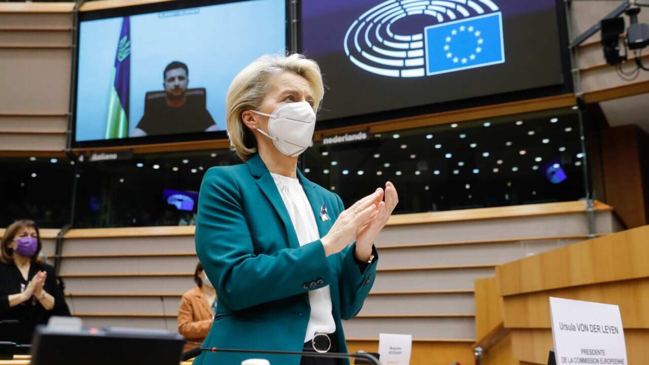 Volodymyr Zelenskyy receives standing ovation after impassioned speech to EU parliament