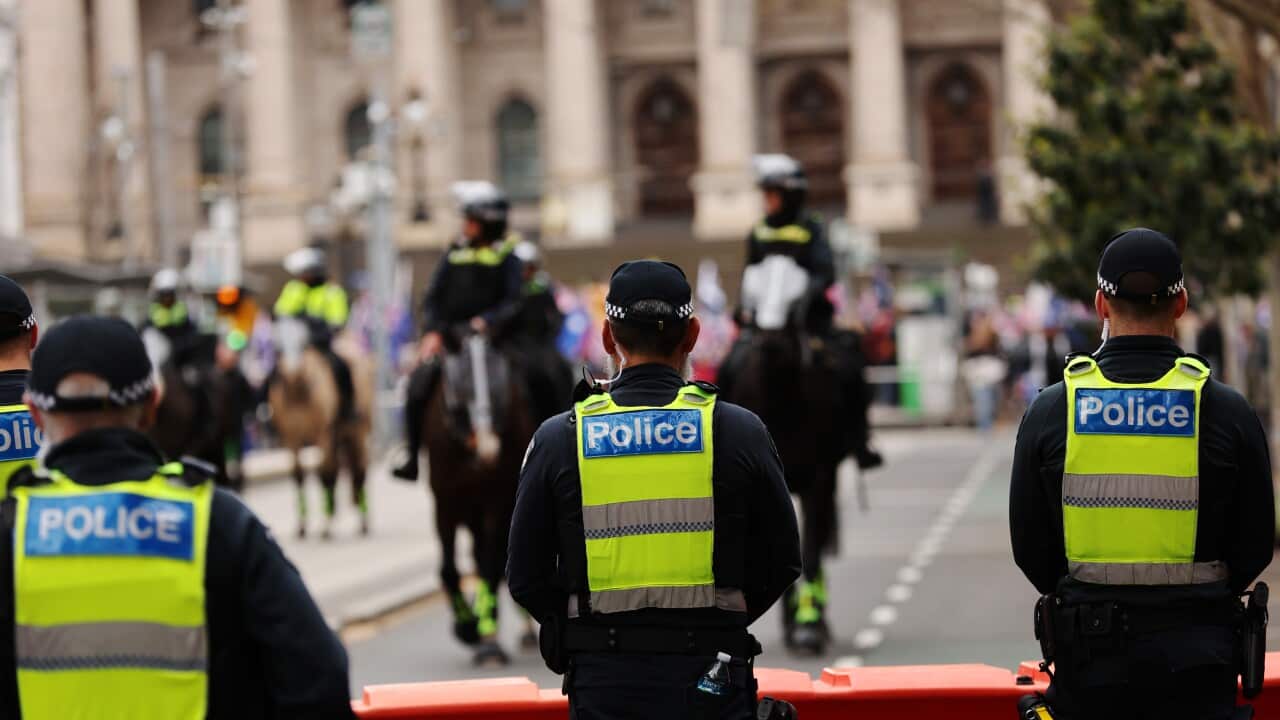 Rear view of police wearing yellow vests in a street