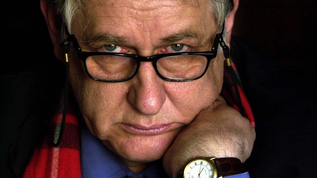 A file photo reissued Monday, April 4, 2016 of Bob Ellis at the Bellevue Hotel in Paddington to launch his new book "Goodbye Babylon".