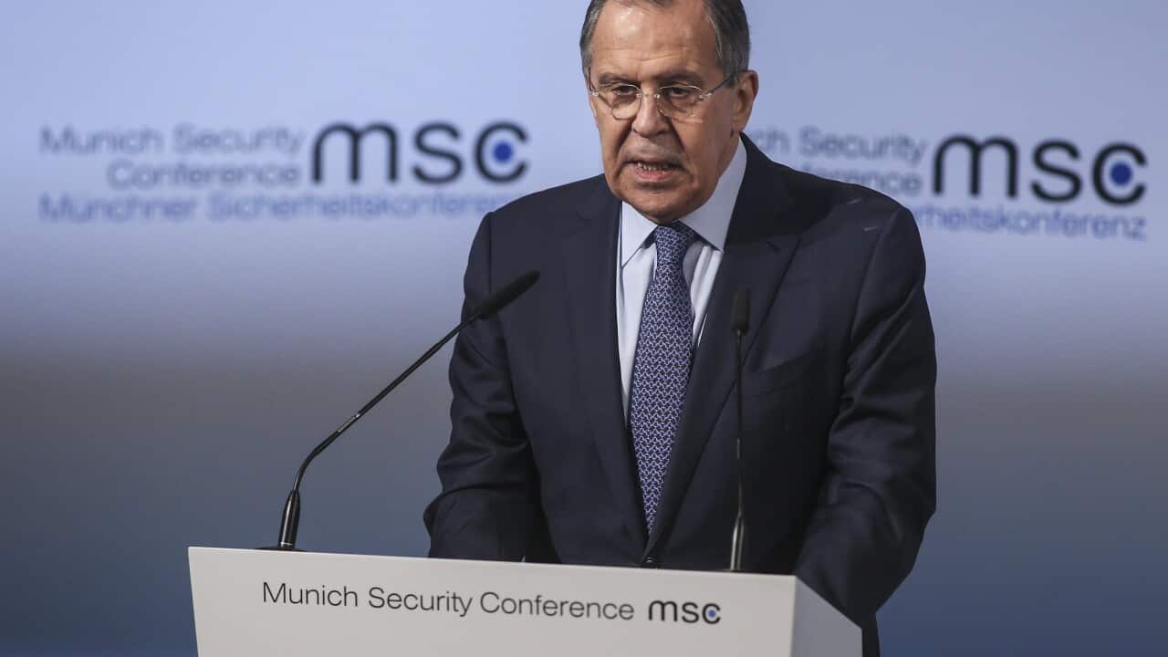 Russian Minister of Foreign Affairs Sergei Lavrov speaks during the 53rd Munich Security Conference